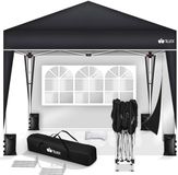 Tillvex Paviljoen, 3 x 3 m, waterdicht, pop-upvouwtent, in hoogte verstelbaar, tuintent, uv-bescherming 50+, partytent met tas (zwart, met 2 zijpanelen)