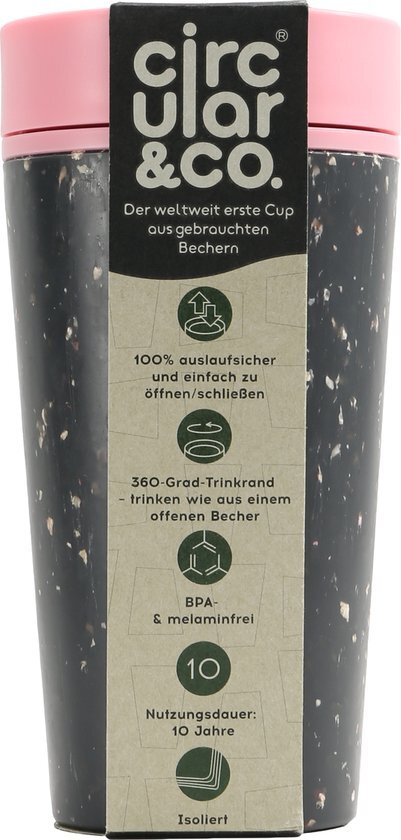 A short walk Circular&Co. herbruikbare to go koffiebeker (rCUP) zwart/roze 12oz/340ml