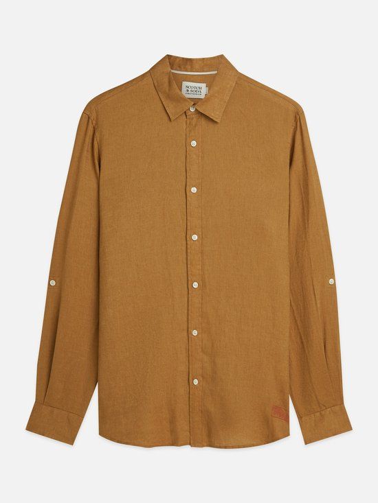 Scotch & Soda Heren Linnen Blouse Lange Mouw Klassieke Kraag Borstzak Casual Oker L