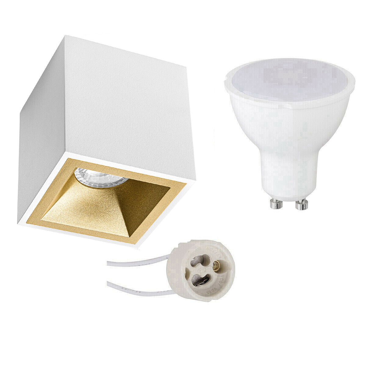 BES LED Voordeelset Opbouwspot Set - Pragmi Cliron Pro - GU10 Fitting - Dimbaar - Opbouw Vierkant - Mat Wit/Goud - 6W - Helder/Koud Wit 6400K - Verdiept - 90mm