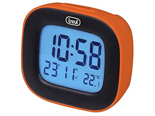 Trevi SLD 3875 digitale klok met LCD-display, wekker, thermometer, kalender en sluimerfunctie, oranje