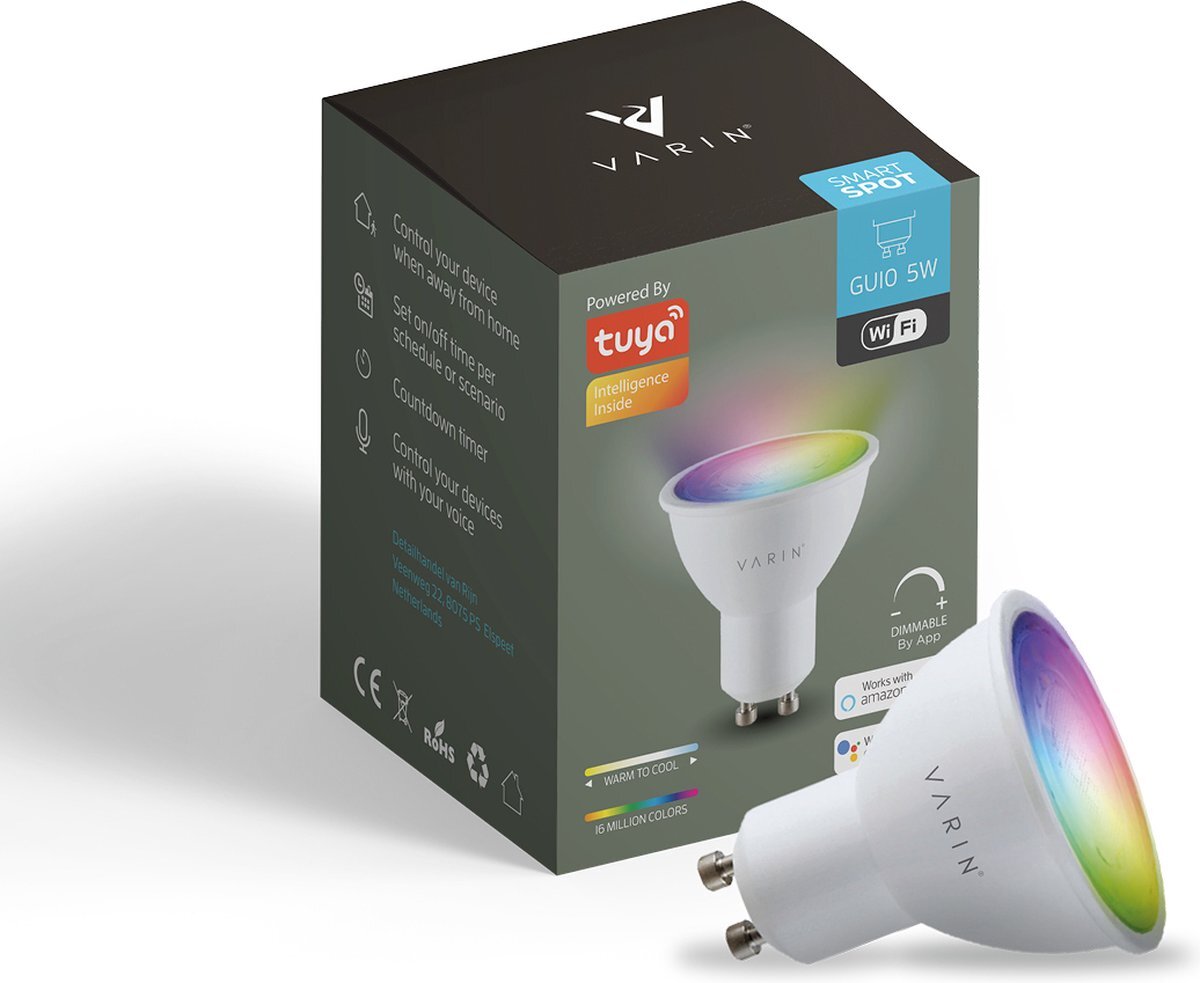 Varin Varin® Smart Led Spot GU10 - 5W - Wit en RGB licht - Bediening via app - Voice control - Slimme verlichting - Google Home en Amazon Alexa - Tuya wifi - Nachtlamp - Voor woonkamer, keuken, slaapkamer, hal, kinderkamer