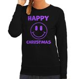 Bellatio Decorations foute kersttrui/sweater dames - Happy Christmas - zwart - glitter paars - Smile / Emoticon M