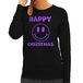 Bellatio Decorations foute kersttrui/sweater dames - Happy Christmas - zwart - glitter paars - Smile / Emoticon M