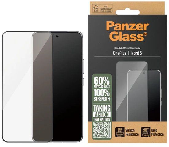 PanzerGlass Ultra-Wide Fit Anti-Bacterial Screenprotector incl. applicator voor de OnePlus Nord 5