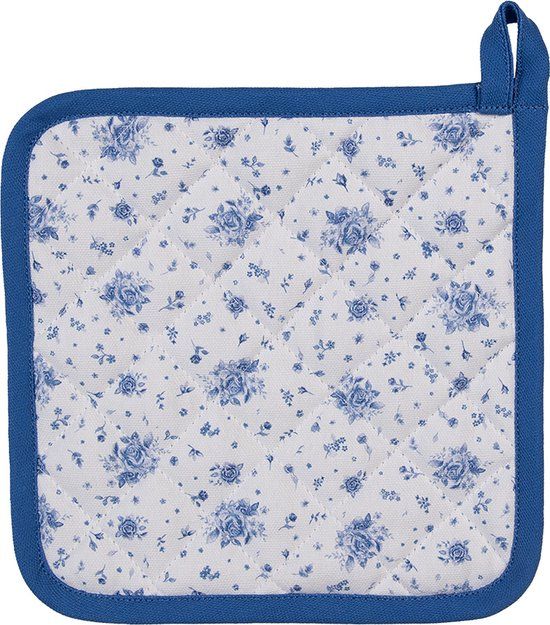 Clayre & Eef Pannenlap - 20x20 cm - Wit Blauw Katoen Vierkant Roosjes
