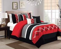 Chezmoi Collection Arden 7-delige moderne geplooide streep geborduurd zigzag beddengoed dekbed set (volledig, rood/zwart/grijs/gebroken wit)