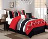 Chezmoi Collection Arden 7-delige moderne geplooide streep geborduurd zigzag beddengoed dekbed set (volledig, rood/zwart/grijs/gebroken wit)