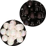 Decoris Kaemingk B.V. Kerstversiering kunststof kerstballen kleuren mix zwart/ parelmoer wit 4 en 6 cm pakket van 80x stuks