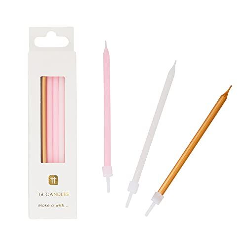 16 Pink, Gold & White Birthday Candles with Holders - 10cm Tall
