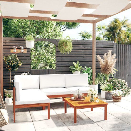 The Living Store Acacia Loungeset - Corner Sofa + 3 Middle Sofas + Table - Cream White Cushion - 65x65x60 cm
