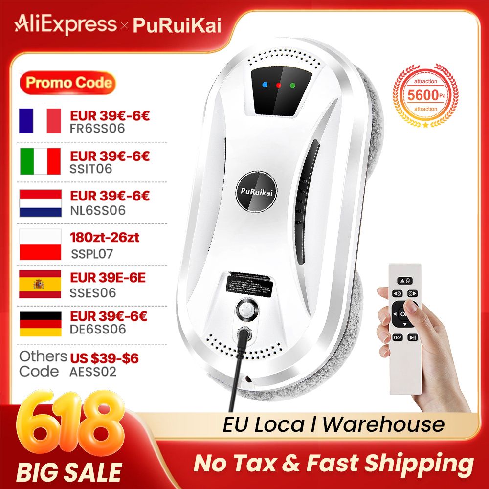 PuRuiKai AI Raamreinigingsrobot Slimme automatische reiniger Streepvrij voor ramen/tegel/glazen deuren Zelfreinigend Ultrastil
