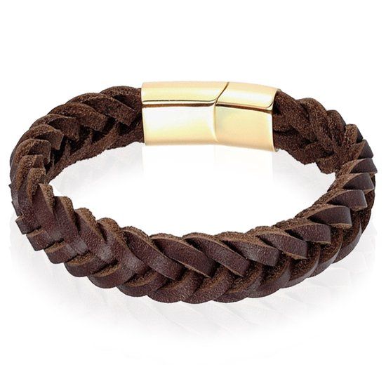 LGT JWLS LGT Jewels Heren armband Gevlochten Leer Edelstaal Bruin Goudkleurig-23cm