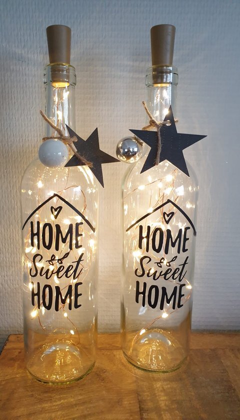 Hip met Pit Creaties Lichtfles - Home Sweet Home - Wijnfles met Lichtjes - Sfeerlicht - Tekst naar Keuze - LEDlicht - Warmlicht