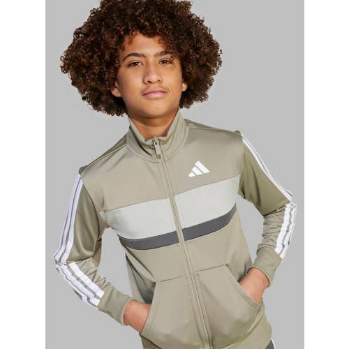 adidas uniseks-kind Seasonal Essentials Tiberio 3 Stripes Tricot Track Suit, silver pebble/grey six/metal grey/white, 9-10 Years