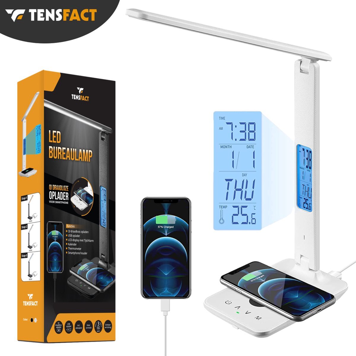 Tensfact Tensfact® Bureaulamp Tafellamp Nachtlamp Leeslamp & LED Lamp - Shiny White - Led Verlichting - Wireless Charger - Qi Draadloze Oplader - Verstelbaar Kantoorlamp