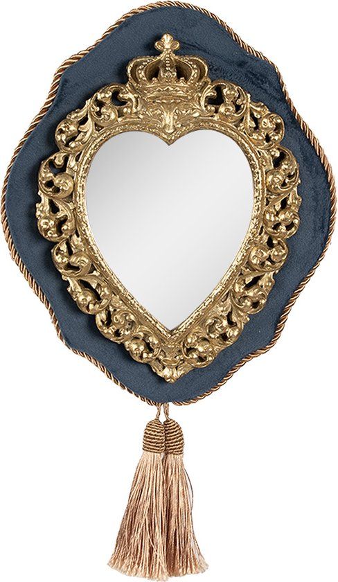 Clayre & Eef Wandspiegel - 19x3x22 cm - Blauw/Goudkleurig - Kunststof/Glas - Ovaal - Landelijk