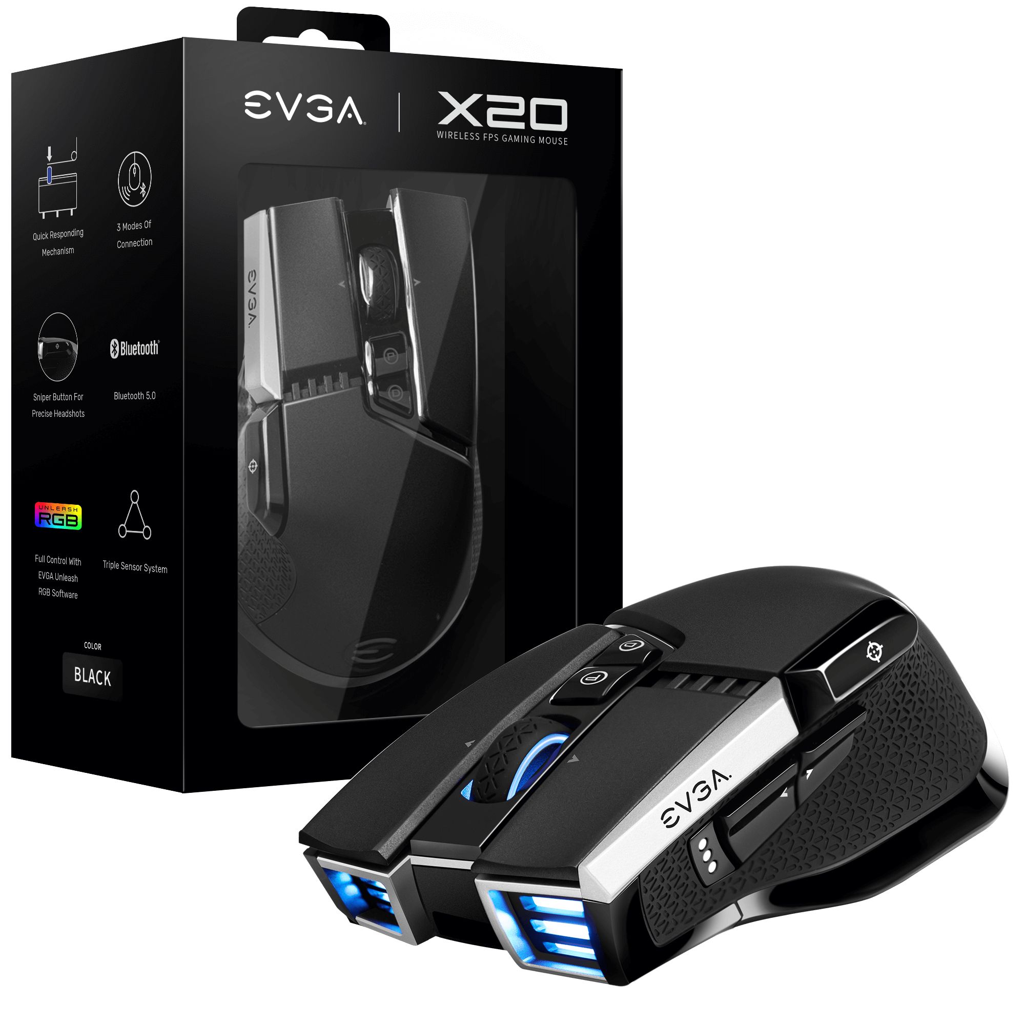 EVGA X20 Gaming Mouse - 16000 DPI - Wireless/Bluetooth/USB - Ambidextrous - Black
