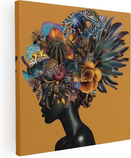 Artaza Canvas Schilderij Het Hoofd van de Vrouw zit Vol Kleurrijke Veren - 30x30 cm - Canvas Print