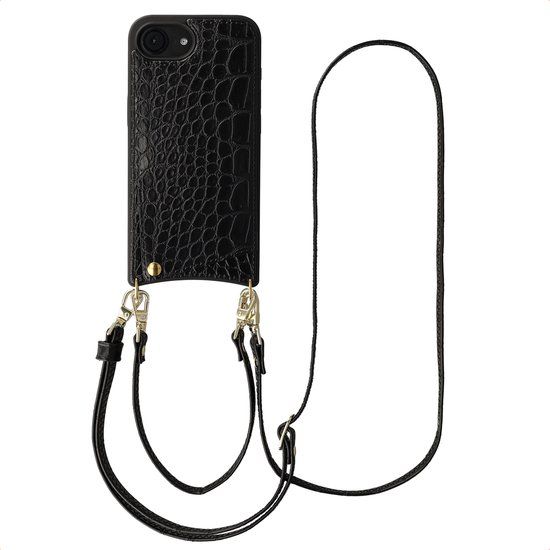 Selencia Hoesje - Geschikt voor Apple iPhone 17e / 16e - Croco Backcover met koord en pashouder - Zwart