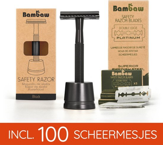 Pack Safety Razor met Stand en 100 Scheermesjes | Bambaw | Zwart | Metalen Veiligheidsscheermes | Duurzaam Geschenkset mannen en vrouwen  | Cadeau voor Feesten  |  100 Scheeremesjes | Set Cadeau voor man