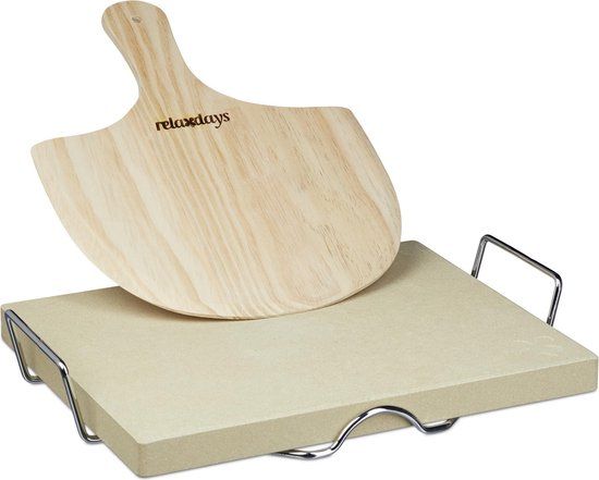 Relaxdays Pizzasteen Set - 3cm Dik - Pizza Steen met Pizzaschep - Rechthoekig