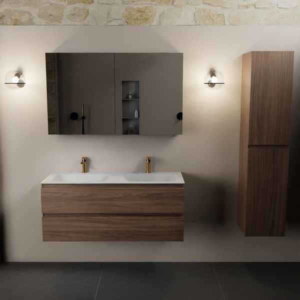 Mondiaz Aivy badmeubelset - 120x45x50cm - 2 kraangaten - 2 wasbakken talc Solid surface - Links en rechts - 2 lades - Met spiegelkast - Melamine Mocha AIVY80336