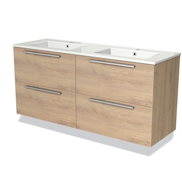 Maxaro Modulo Badkamermeubel - 140 cm - Lichtbruin Eiken - 4 Lades - Keramiek Wastafel