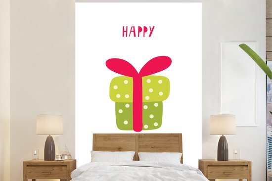 Nr1Wallpaper Behang - Fotobehang Illustratie met de quote Happy birthday en een groen cadeau - Breedte 195 cm x hoogte 300 cm