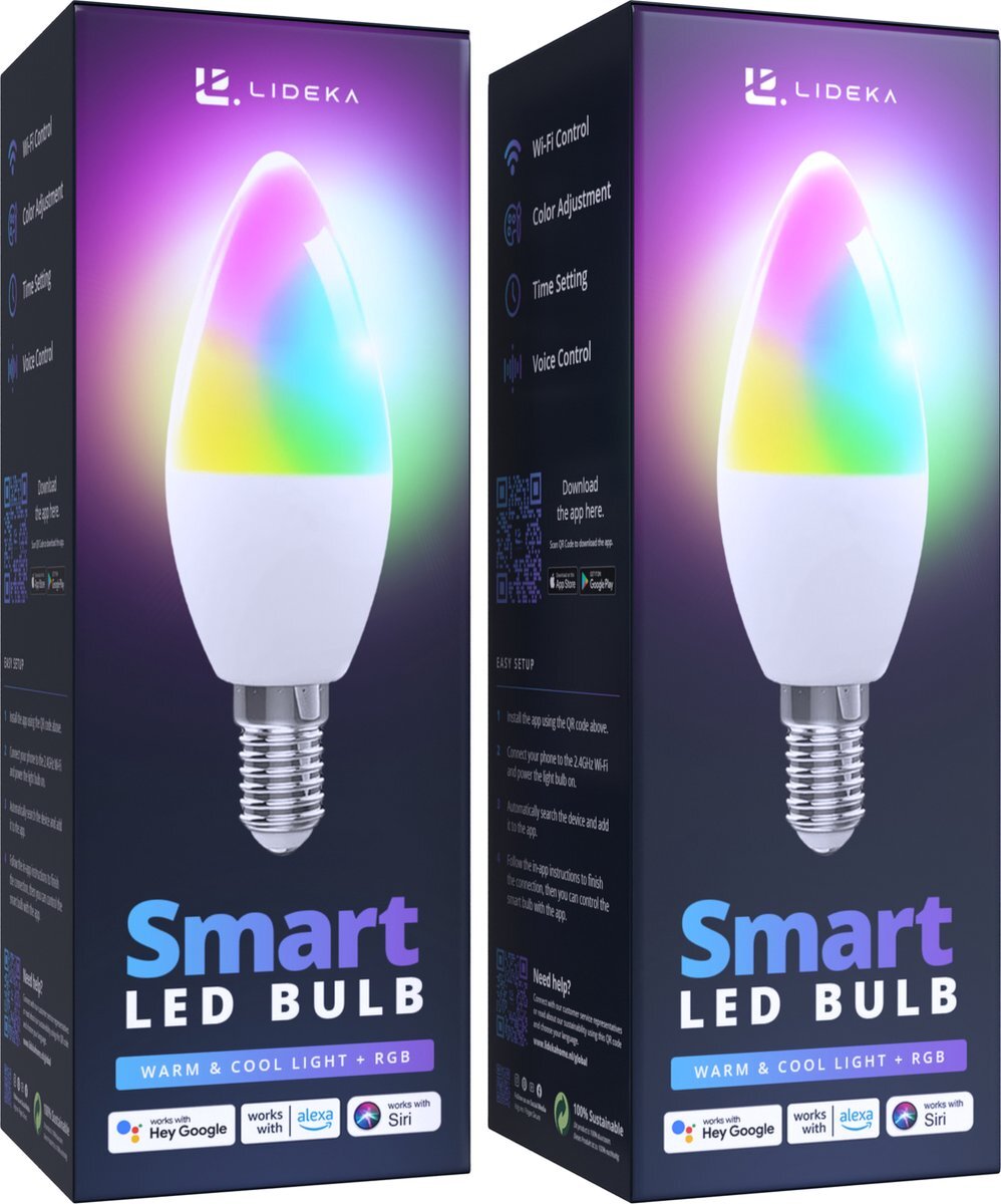 LIDEKA Lideka® - Slimme LED Lamp - E14 - Set Van 2 - RGBW - met App - 6W - 600 Lumen - 2700K - 6500K - Smart LED Verlichting - Dimbaar - Google, Alexa en Siri