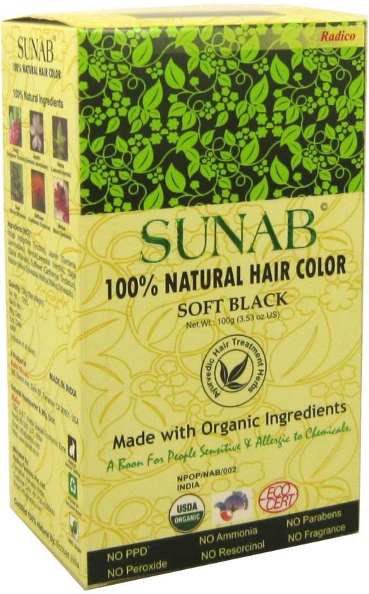Radico 100% NATURAL SUNAB Soft Black 100% Natuurlijke BIO Organic 9-Kruiden o.a. Henna Haarverf 0% PPD PTD Ammonia Peroxide etc