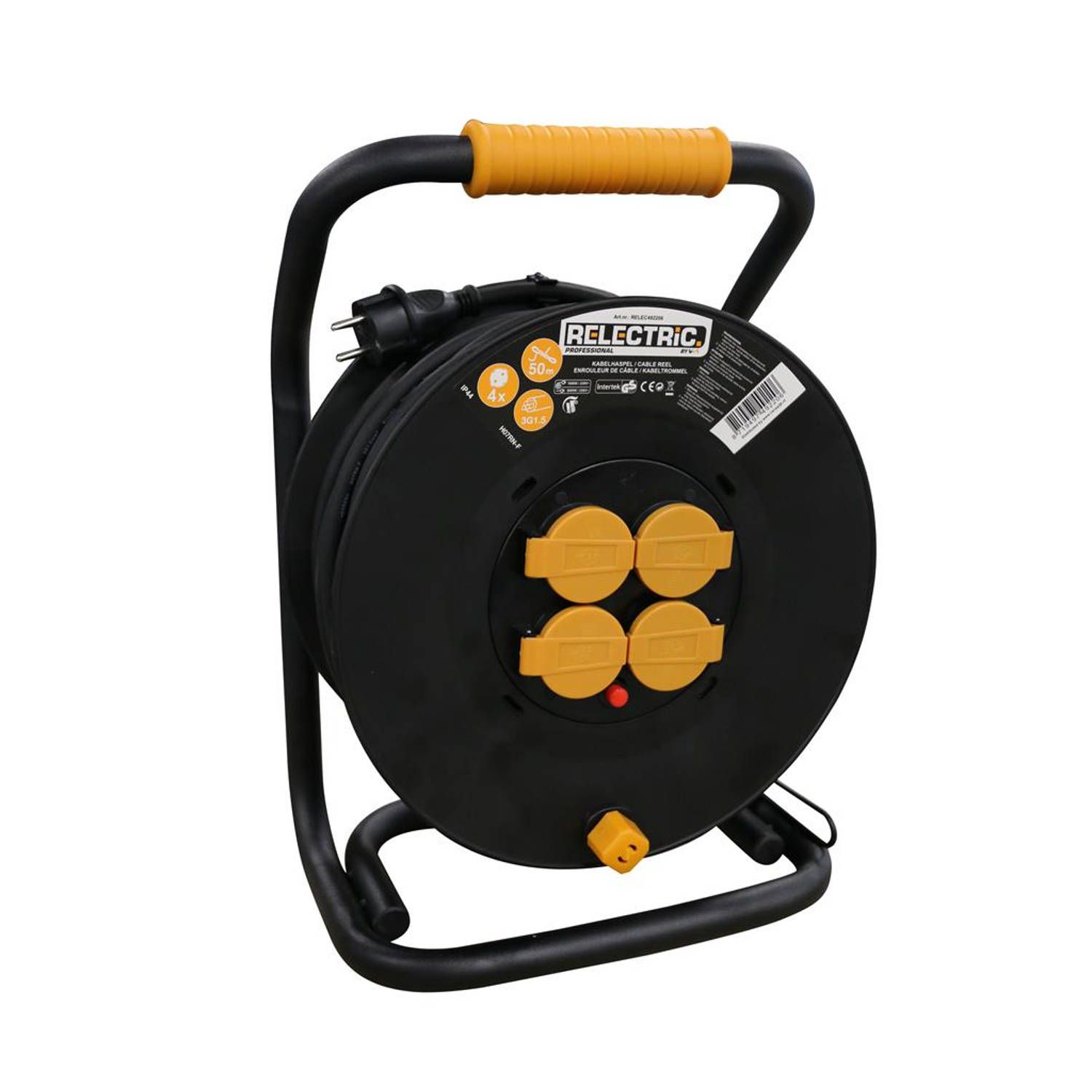 Relectric Pro Kabelhaspel - 50 meter - 4 stopcontacten - Met oprolknop - Randaarde - IP44 - Zwart