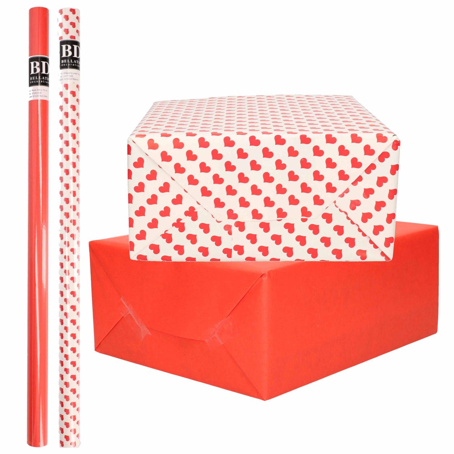 Bellatio Decorations 6x Rollen kraft inpakpapier rood/wit met hartjes - liefde/Valentijn 200 x 70 cm
