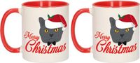 Shoppartners Bv Set de 2x pièces tasses cadeau Noël rouge Merry Christmas avec chat gris - 300 ml