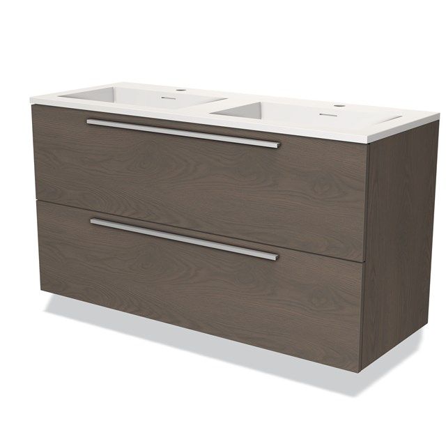 Maxaro Badkamermeubel 120cm Modulo Donkerbruin Eiken 2 Lades Vlak Wastafel Solid Surface