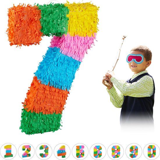 Relaxdays Piñata Verjaardag Cijfer 7 - Zelf Vullen - Papier - Geel/Roze/Lichtblauw