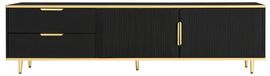 Meuble TV - Design moderne - 175 x 40 x 45 cm - Surface rainurée - Poignées et pieds dorés - Noir