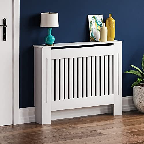 Vida Designs Chelsea radiatorafdekking, modern lamellendesign, wit gelakte kast van middeldichte vezelplaat, middelgroot