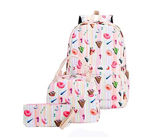 IDAS 3 Stuks Tiener Rugzak Set Canvas Meisje Schooltas, Geschikt voor Meisjes Tienermeisje Set, Schooltas, Pennenzak, Handtas (Donuts)