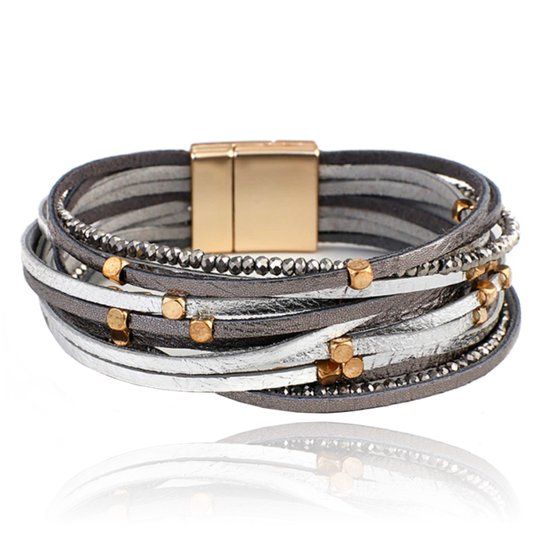 Deja Jewels Leren grijze Boho dames armband met kraaltjes en steentjes