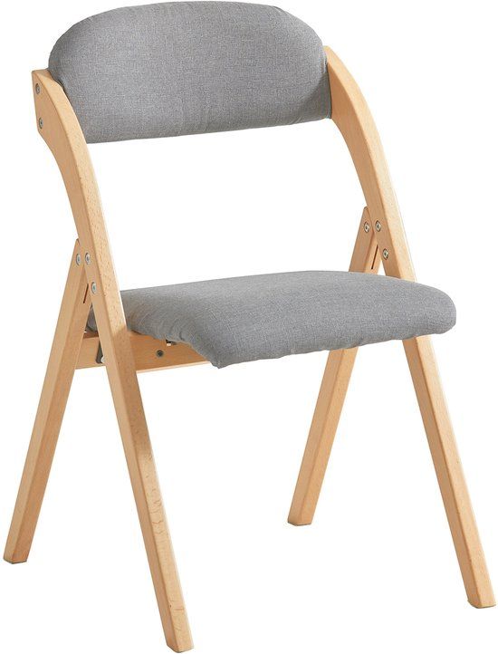 SoBuy Houten Klapstoel met Gestoffeerd Zitkussen, Bureaustoel, Eetkamerstoel, Natuur/Grijs, 47.5x77x59 cm, FST92-N