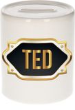 Bellatio Decorations Shoppartners Bv Spaarpot met voornaam Ted - wit - met goud/zwart embleem - 8 x 9 cm - keramiek - met afsluitdop - cadeau verjaardag