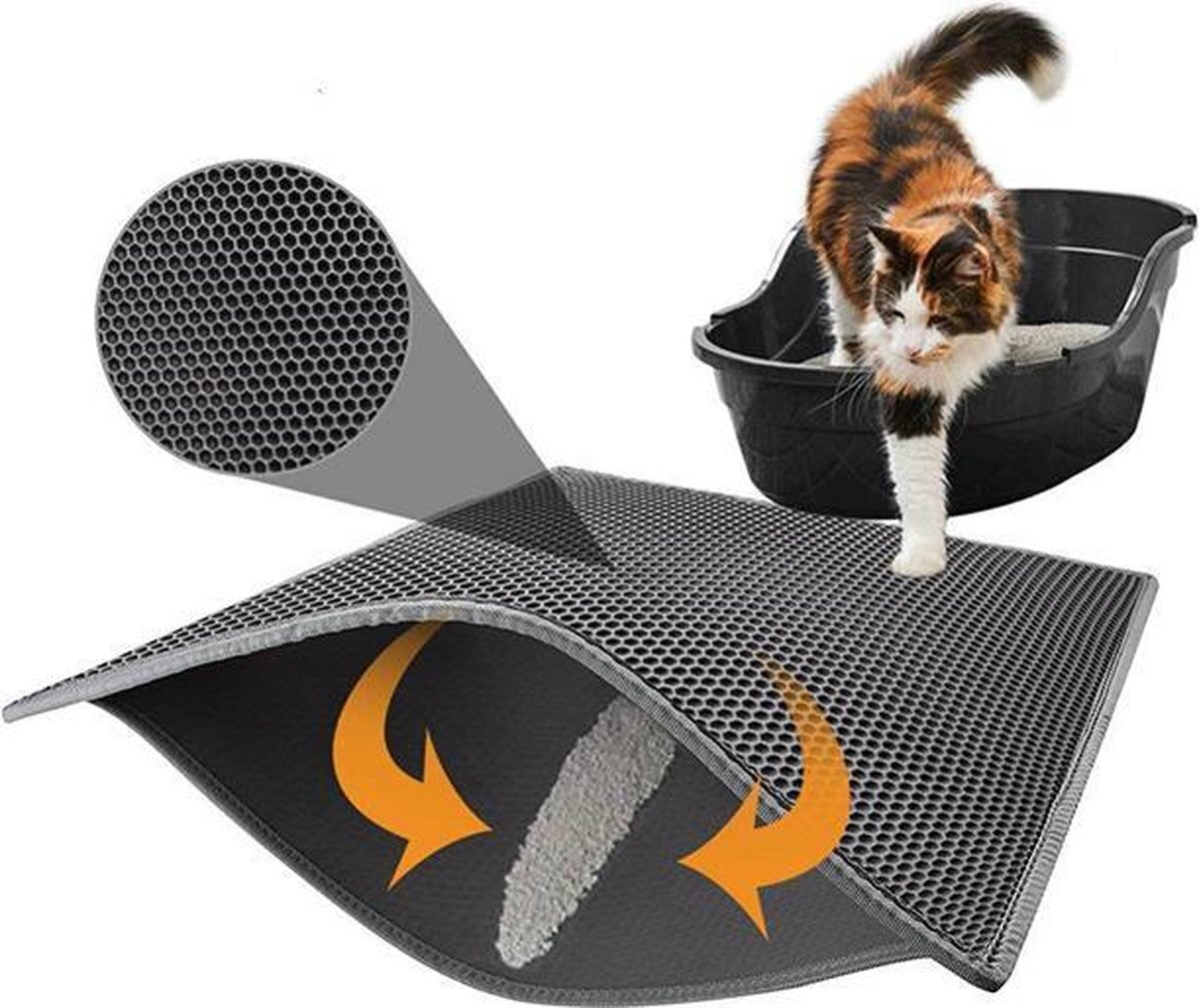 Pets Fortune Kattenbakmat - Dubbele laag - Honingraatdesign - Waterdicht - Katten grit opvanger - Schoonloopmat - Kattenbak mat - Zwart - 75x55cm zwart