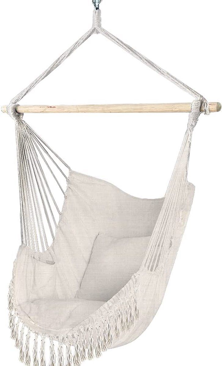 VOUNOT Hangstoel met 2 kussens & boekenvak, hangstoel XXL hangmat hangschommel voor binnen en buiten, beige