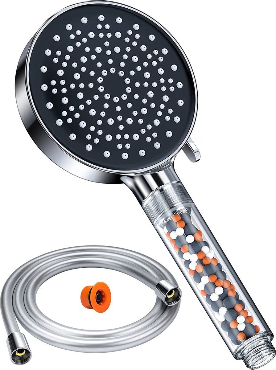 YEAUPE Douchekop, waterbesparend met slang, 1,5 m, waterbesparende douchekop 7,5 l/min met filter, spaardouchekop, regendouche, energiebesparend, drukverhogend, doucheset met 6 straalsoorten, chroom