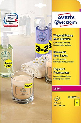 Avery L7263R-25 neon-etiketten 350 Stuk, 99,1 x 38,1 mm neongeel