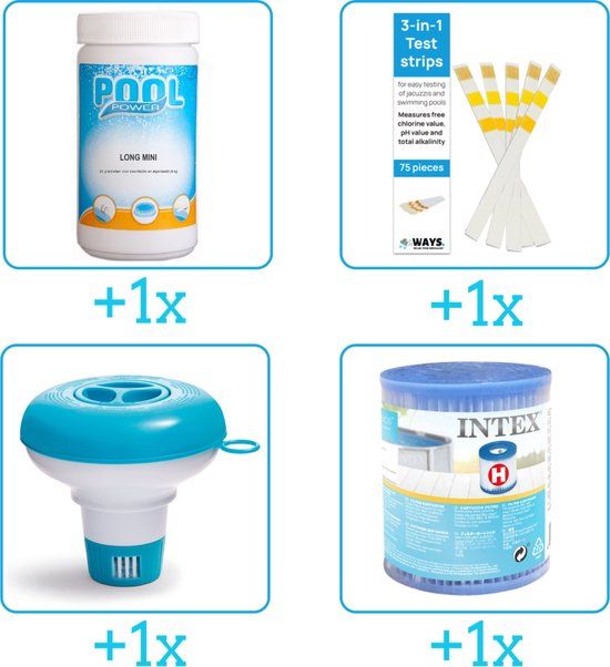 Zwembad Onderhoudsset - Startersset (4-delig) - Chloor, Teststrips, Chloordrijver & Filter - Voor Zwembaden van 2500-25.000 Liter