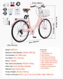 VEVOR Cruiser Bike Roze Strandfiets met Mand 66cm Banden 7 Versnellingen Verstelbaar