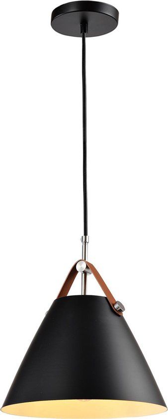 QUVIO Hanglamp - Kegel met leren riempje - Zwart - Ø27 cm