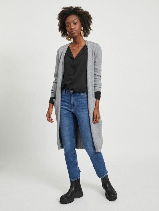 VILA Viril Long Sleeve Knit Cardigan - Medium Grey Melange - Women's M
